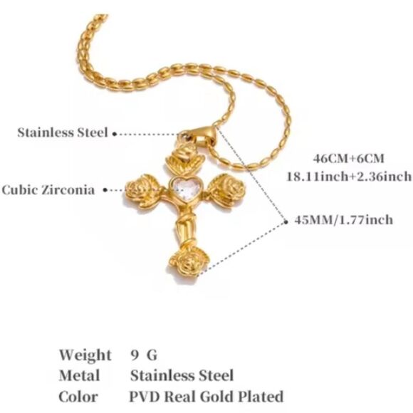 New Free People Gold Roses Cross Necklace with Heart Accent - Picture 9 of 11